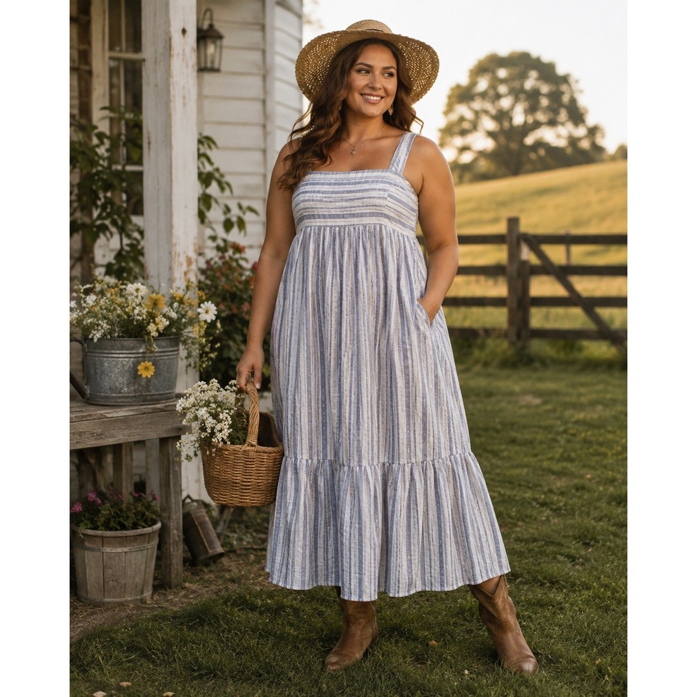 London Times Woman Blue White Striped Tiered Maxi Dress Cotton Plus Size 14W